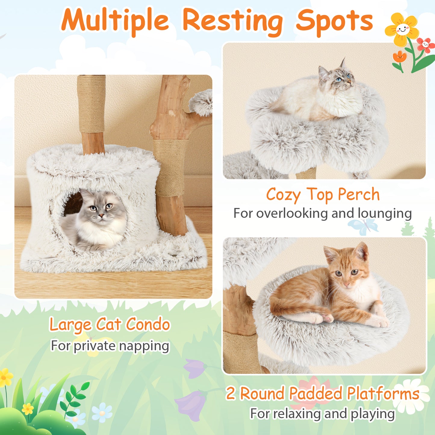 Modern Cat Tree 53 Inch Tall Natural Branch Wooden Cat Tower with Jute Scratching Posts, White Cat Trees Condos & Scratchers at Gallery Canada