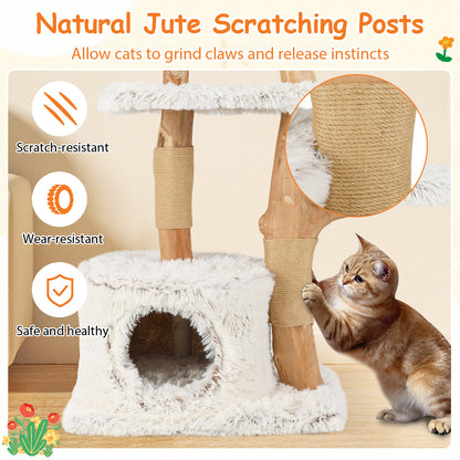 Modern Cat Tree 53 Inch Tall Natural Branch Wooden Cat Tower with Jute Scratching Posts, White Cat Trees Condos & Scratchers at Gallery Canada