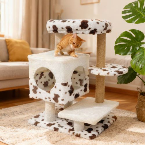 Modern Cat Tree Indoor Cat Tower with Wide Upholstered Perch and 2-Entrance Cat Condo, White