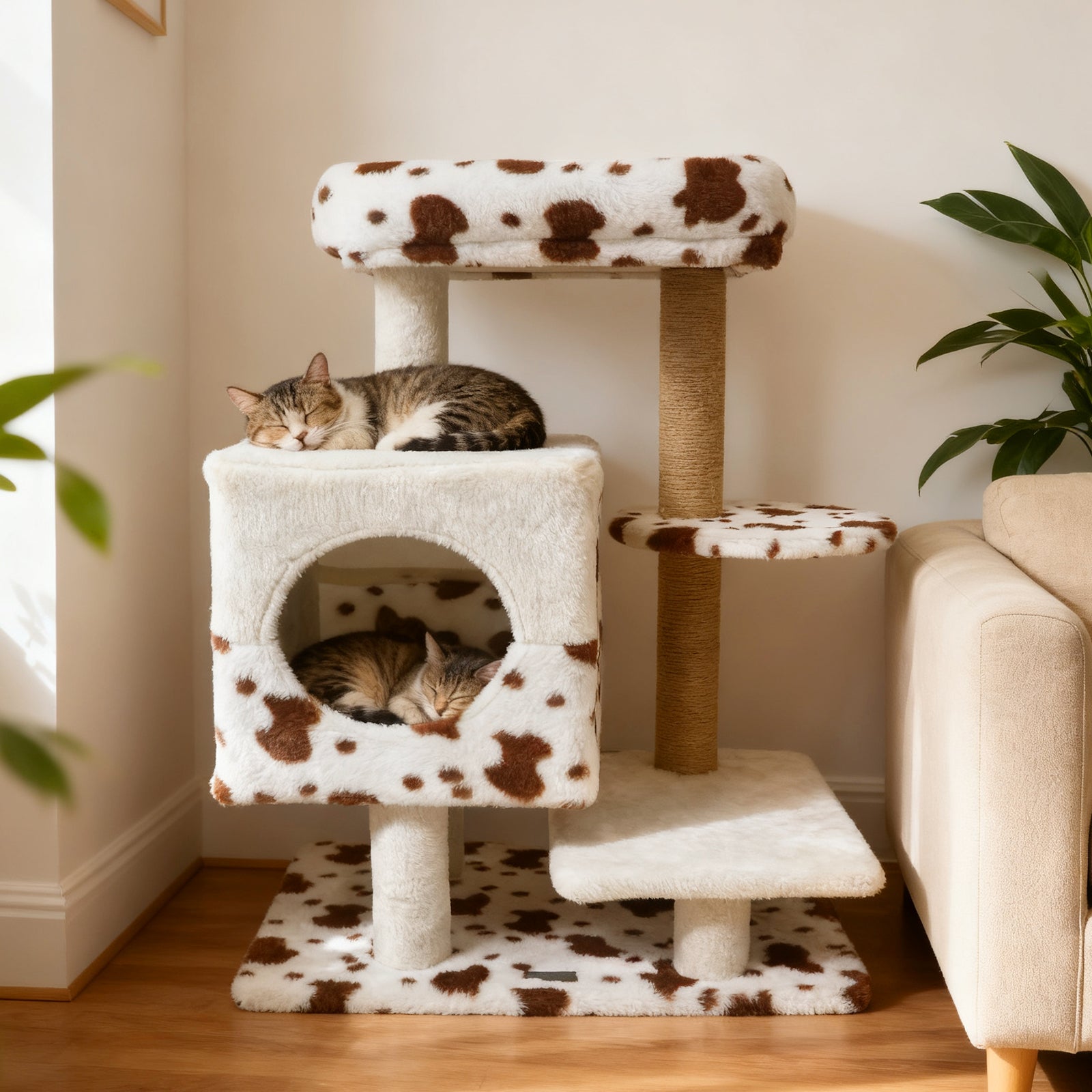 Modern Cat Tree Indoor Cat Tower with Wide Upholstered Perch and 2-Entrance Cat Condo, White Cat Trees Condos & Scratchers at Gallery Canada