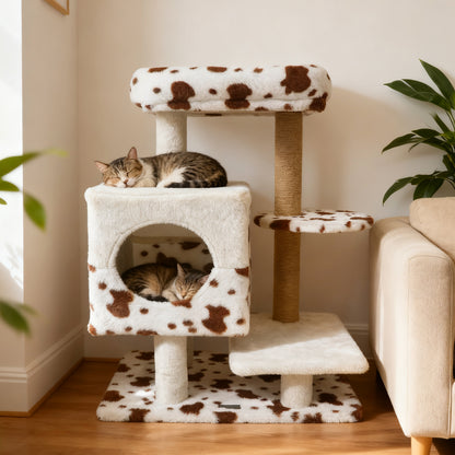 Modern Cat Tree Indoor Cat Tower with Wide Upholstered Perch and 2-Entrance Cat Condo, White Cat Trees Condos & Scratchers at Gallery Canada