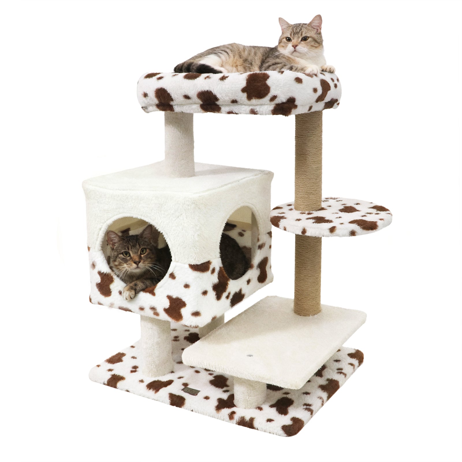 Modern Cat Tree Indoor Cat Tower with Wide Upholstered Perch and 2-Entrance Cat Condo, White