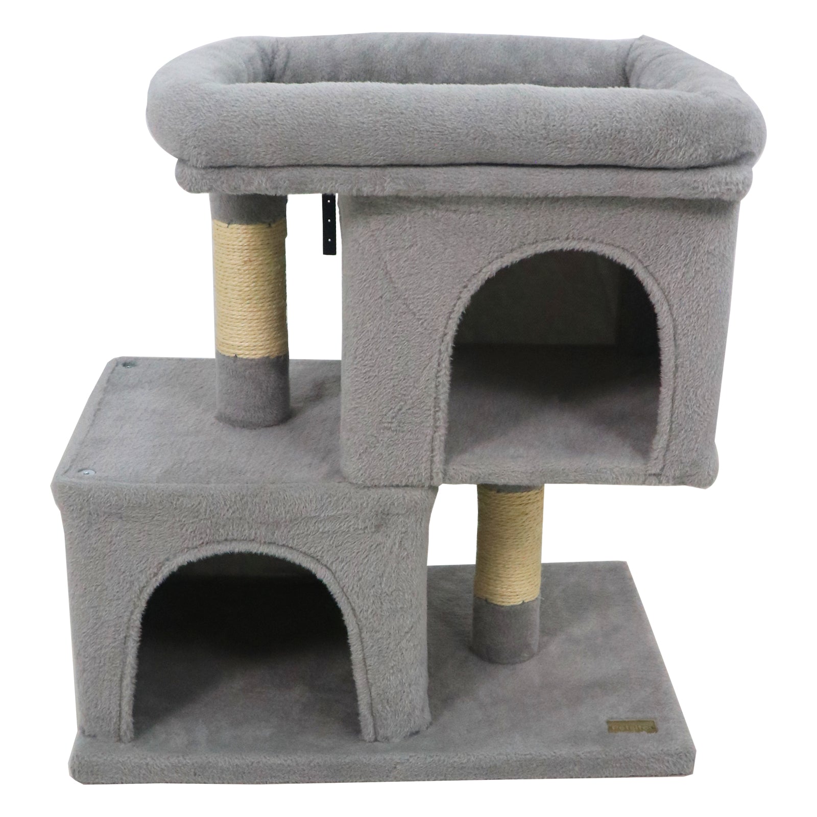 Modern Cat Tree Space-saving Cat Tower with Upholstered Perch and 2 Cat Condos, Gray