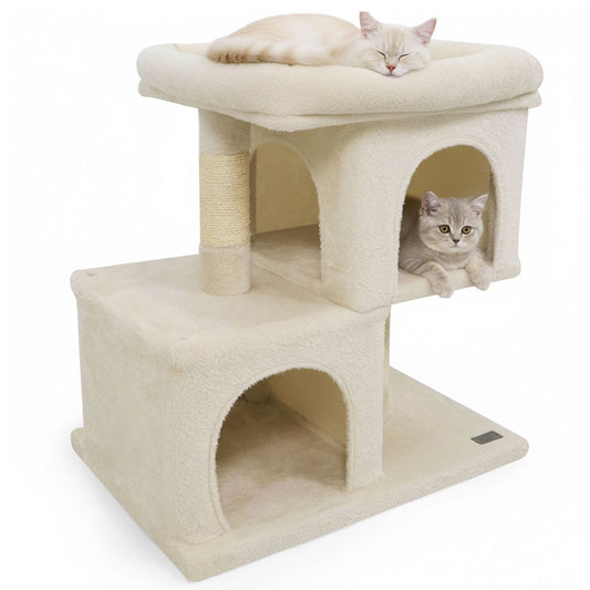 Modern Cat Tree Space-saving Cat Tower with Upholstered Perch and 2 Cat Condos, Beige