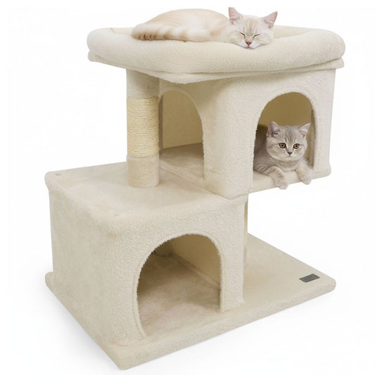 Modern Cat Tree Space-saving Cat Tower with Upholstered Perch and 2 Cat Condos, Beige Cat Trees Condos & Scratchers Beige at Gallery Canada