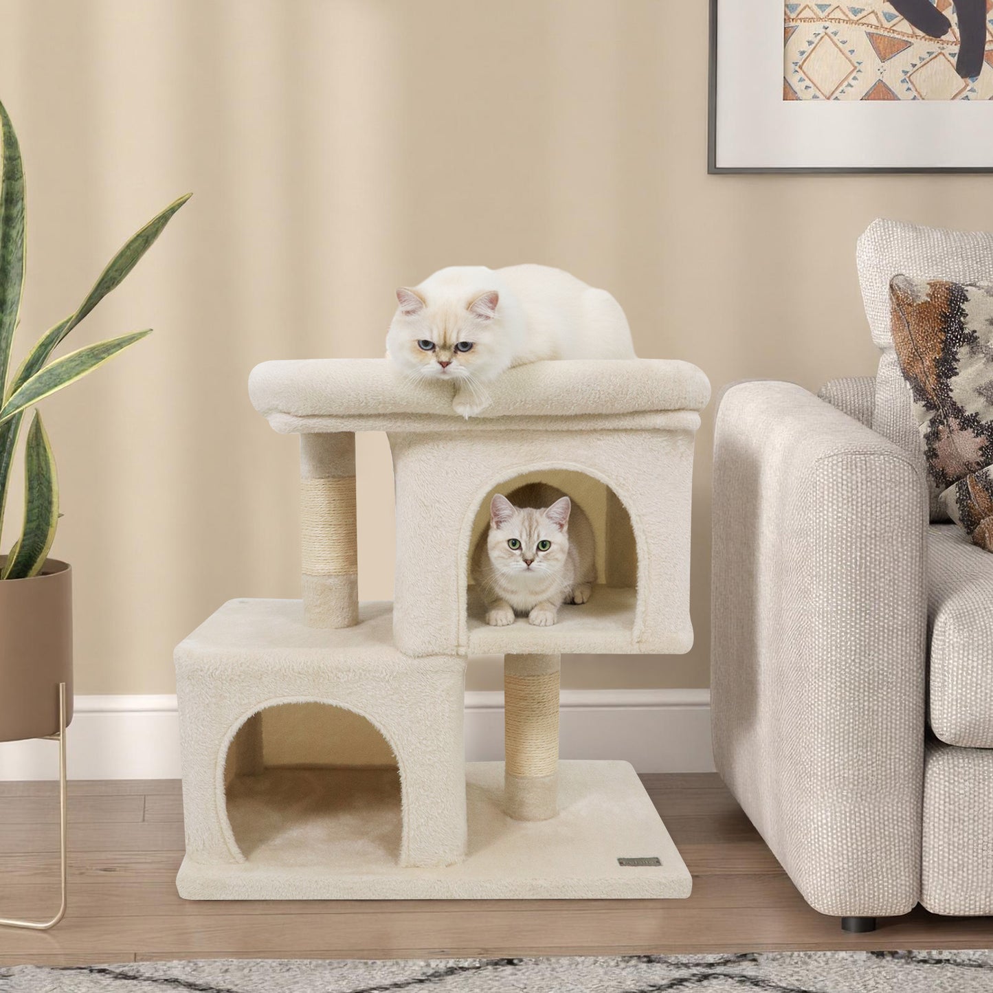 Modern Cat Tree Space-saving Cat Tower with Upholstered Perch and 2 Cat Condos, Beige Cat Trees Condos & Scratchers at Gallery Canada