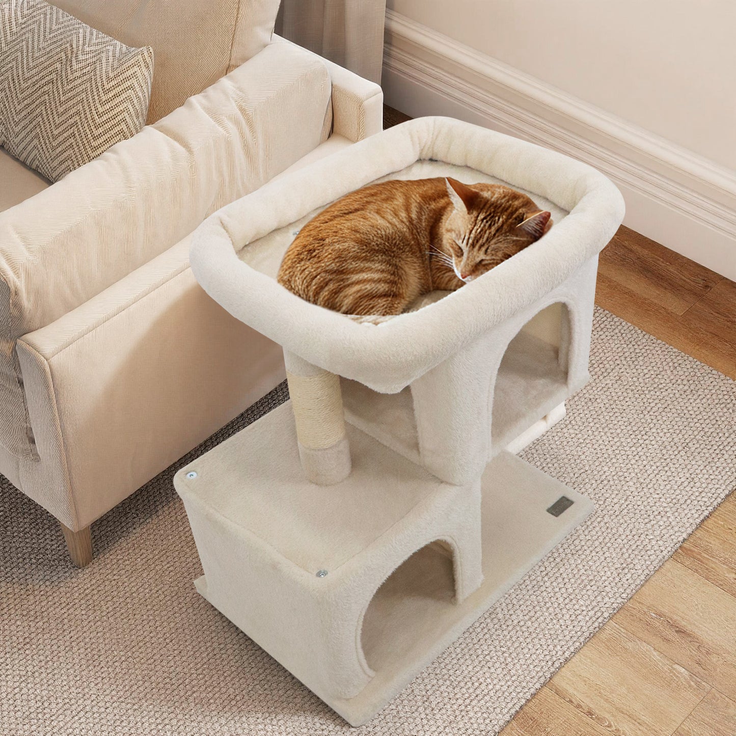 Modern Cat Tree Space-saving Cat Tower with Upholstered Perch and 2 Cat Condos, Beige Cat Trees Condos & Scratchers at Gallery Canada