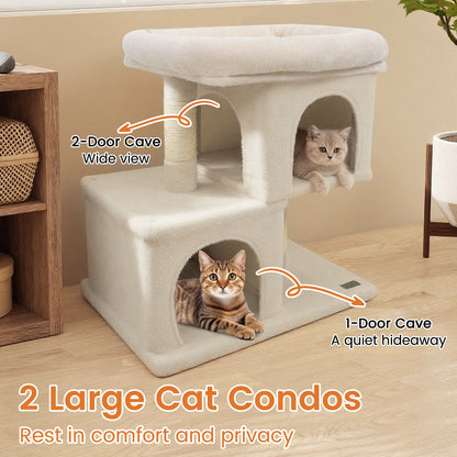 Modern Cat Tree Space-saving Cat Tower with Upholstered Perch and 2 Cat Condos, Beige Cat Trees Condos & Scratchers at Gallery Canada