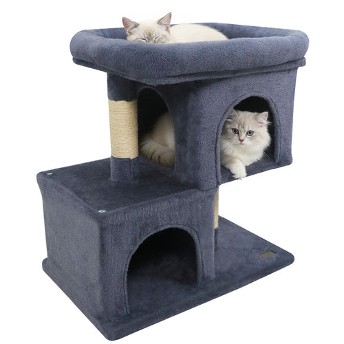 Modern Cat Tree Space-saving Cat Tower with Upholstered Perch and 2 Cat Condos-Dark Grey, Dark Gray