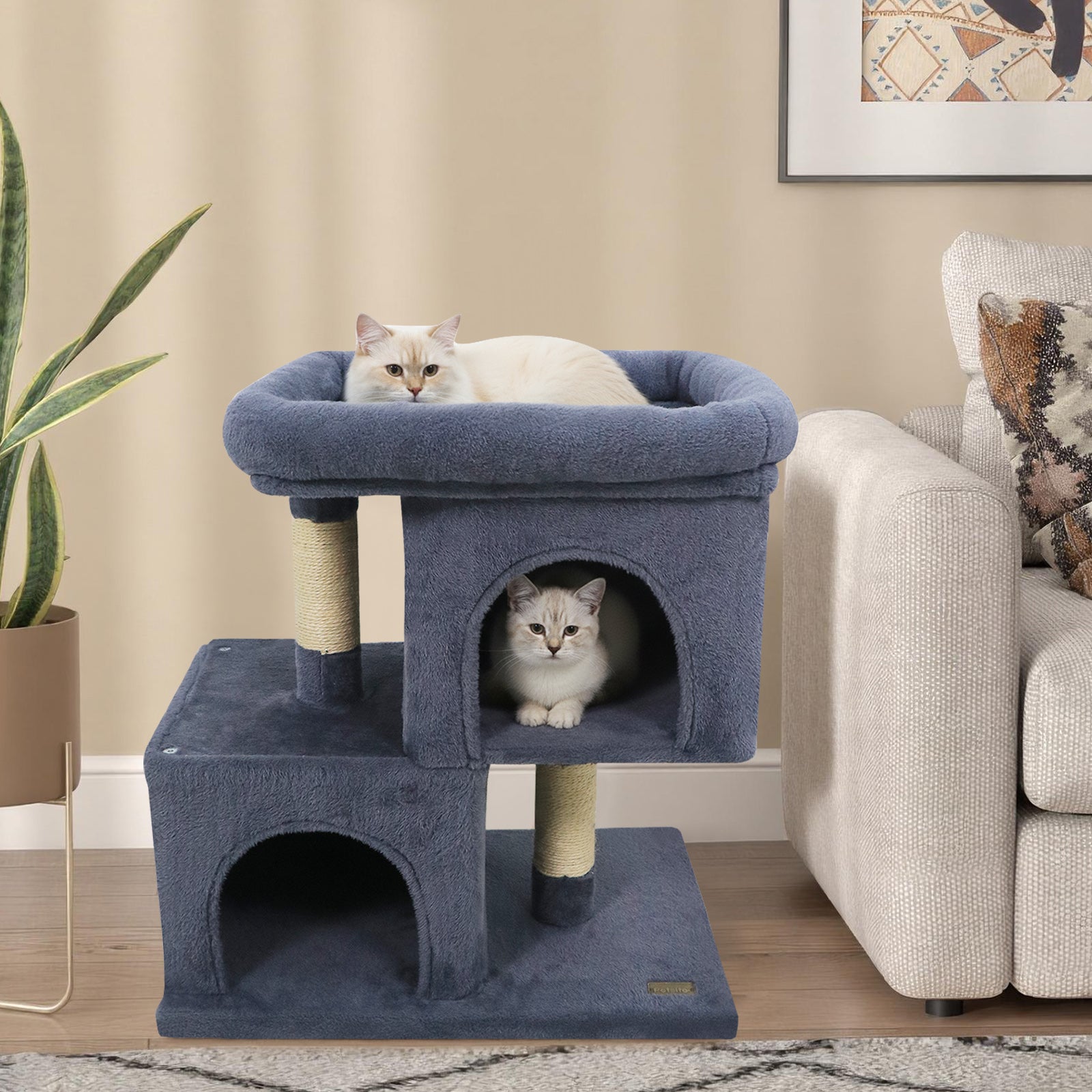 Modern Cat Tree Space-saving Cat Tower with Upholstered Perch and 2 Cat Condos-Dark Grey, Dark Gray Cat Trees Condos & Scratchers at Gallery Canada