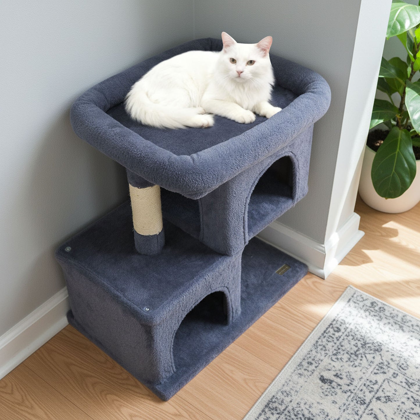 Modern Cat Tree Space-saving Cat Tower with Upholstered Perch and 2 Cat Condos-Dark Grey, Dark Gray Cat Trees Condos & Scratchers at Gallery Canada