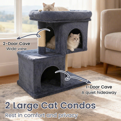 Modern Cat Tree Space-saving Cat Tower with Upholstered Perch and 2 Cat Condos-Dark Grey, Dark Gray Cat Trees Condos & Scratchers at Gallery Canada