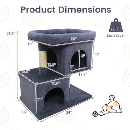 Modern Cat Tree Space-saving Cat Tower with Upholstered Perch and 2 Cat Condos-Dark Grey, Dark Gray Cat Trees Condos & Scratchers at Gallery Canada