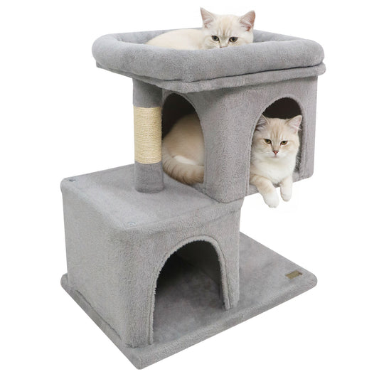 Modern Cat Tree Space-saving Cat Tower with Upholstered Perch and 2 Cat Condos, Gray