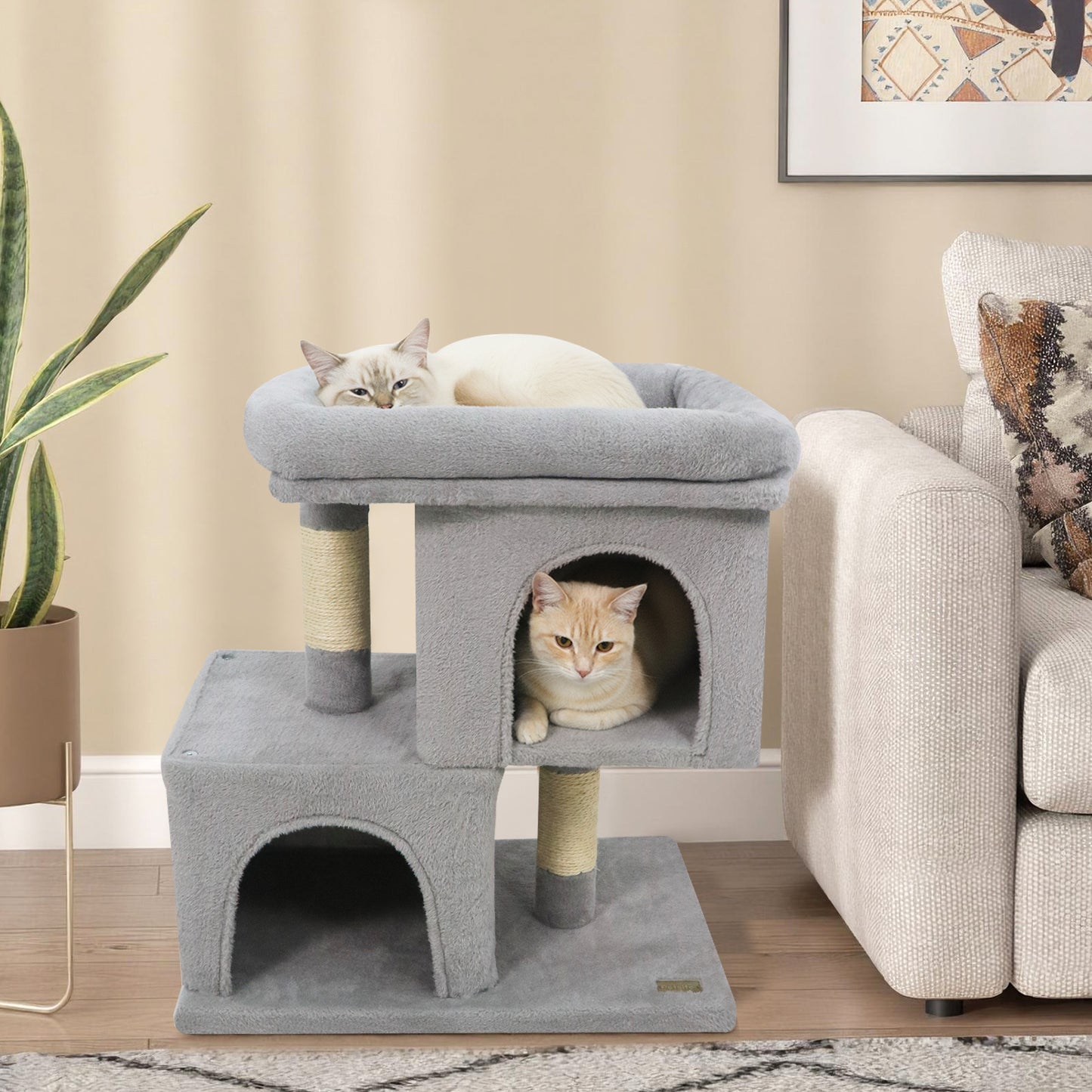 Modern Cat Tree Space-saving Cat Tower with Upholstered Perch and 2 Cat Condos, Gray Cat Trees Condos & Scratchers at Gallery Canada