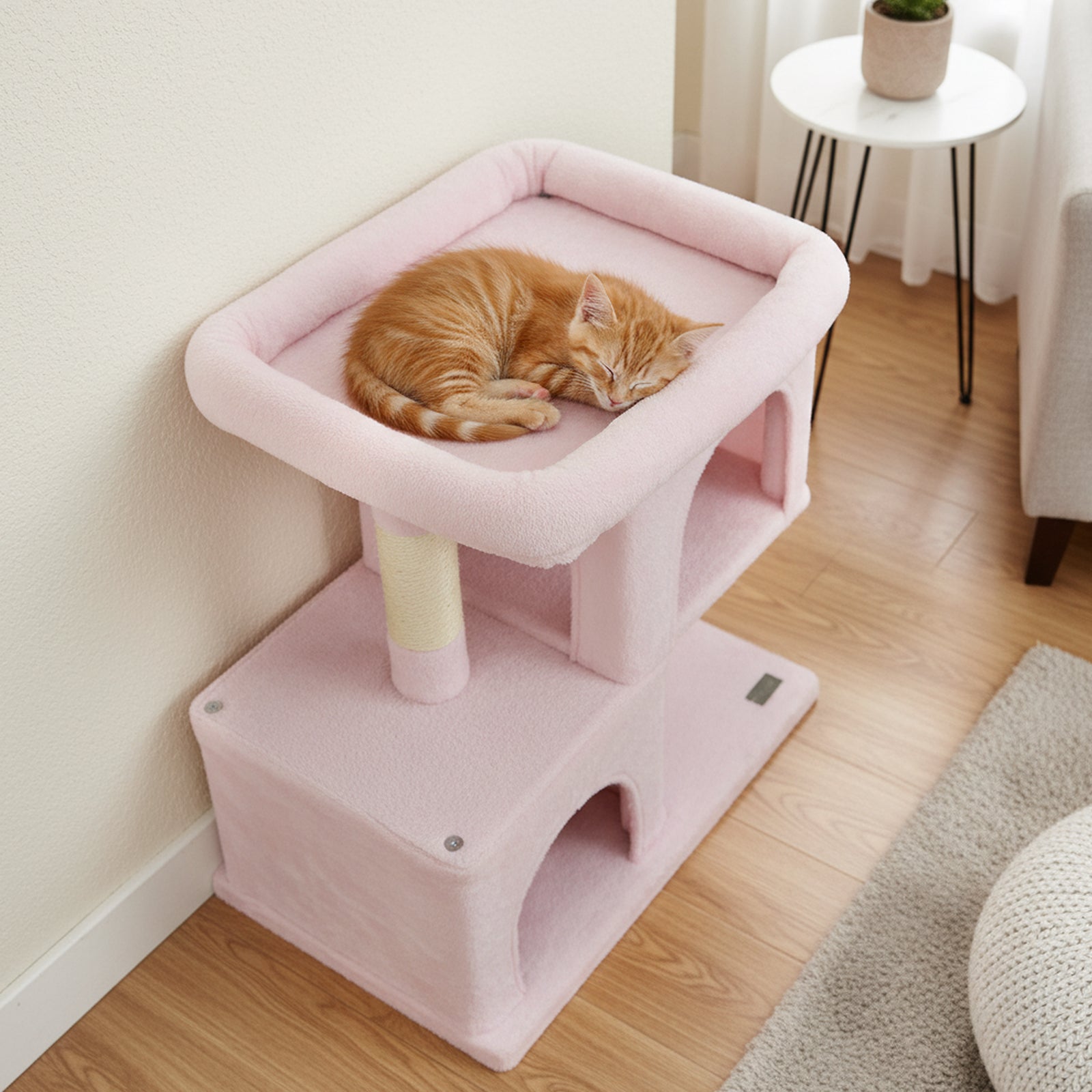 Modern Cat Tree Space-saving Cat Tower with Upholstered Perch and 2 Cat Condos, Pink Cat Trees Condos & Scratchers at Gallery Canada