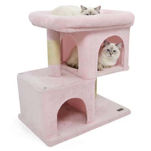 Modern Cat Tree Space-saving Cat Tower with Upholstered Perch and 2 Cat Condos, Pink