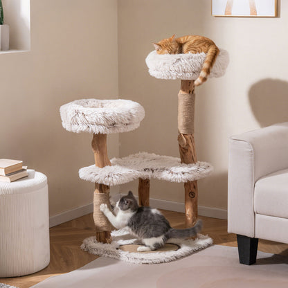 Modern Cat Tree Tower 40" with Luxury Real Wood Natural Branch, Natural & White Cat Trees Condos & Scratchers at Gallery Canada