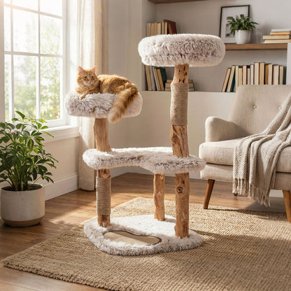 Modern Cat Tree Tower 40" with Luxury Real Wood Natural Branch, Natural & White Cat Trees Condos & Scratchers at Gallery Canada