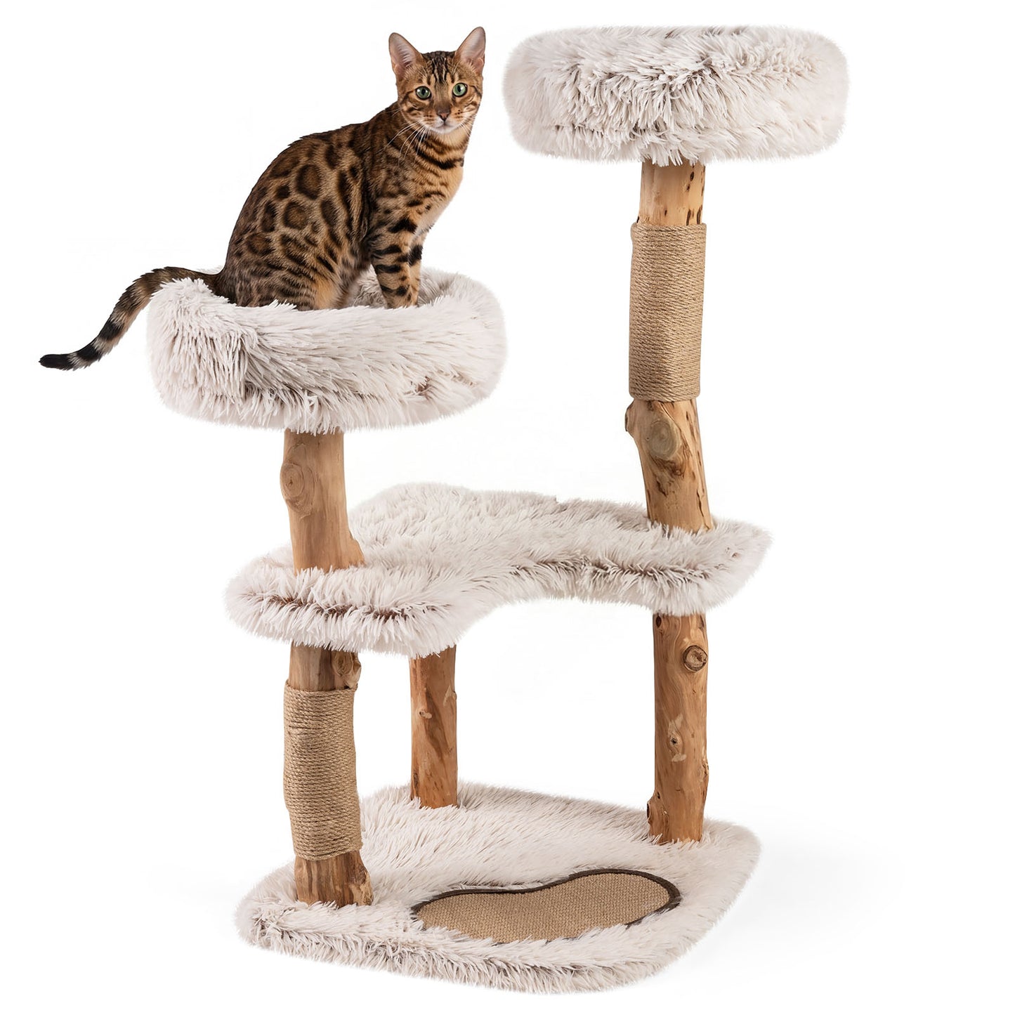 Modern Cat Tree Tower 40" with Luxury Real Wood Natural Branch, Natural & White Cat Trees Condos & Scratchers at Gallery Canada