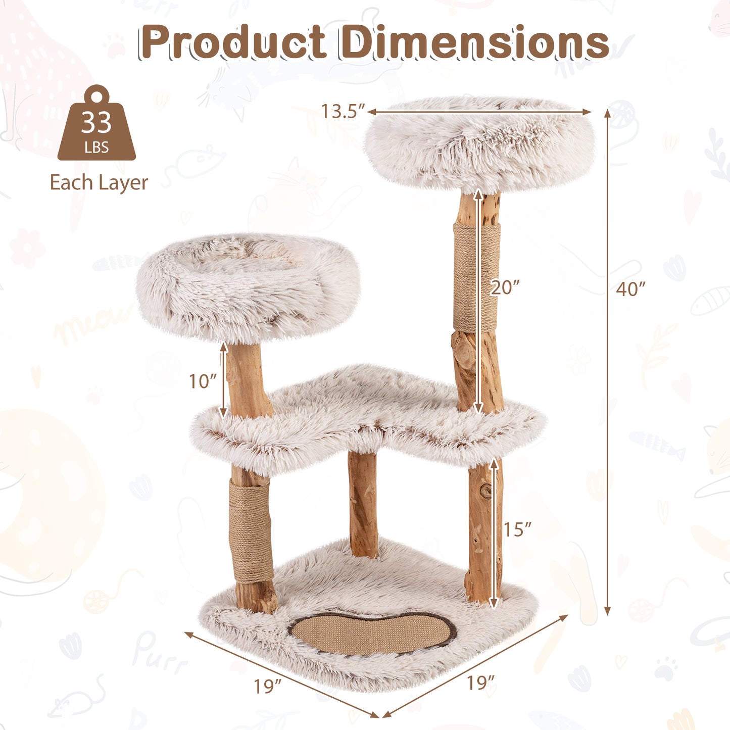 Modern Cat Tree Tower 40" with Luxury Real Wood Natural Branch, Natural & White Cat Trees Condos & Scratchers at Gallery Canada