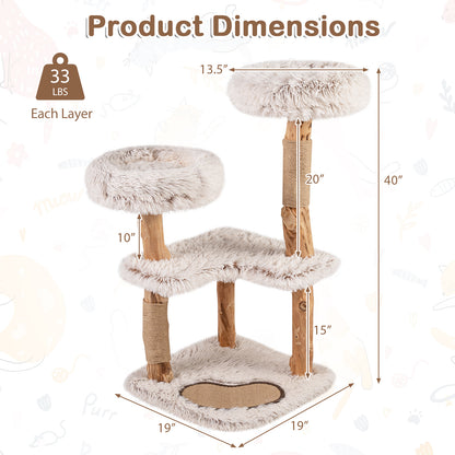 Modern Cat Tree Tower 40" with Luxury Real Wood Natural Branch, Natural & White Cat Trees Condos & Scratchers at Gallery Canada