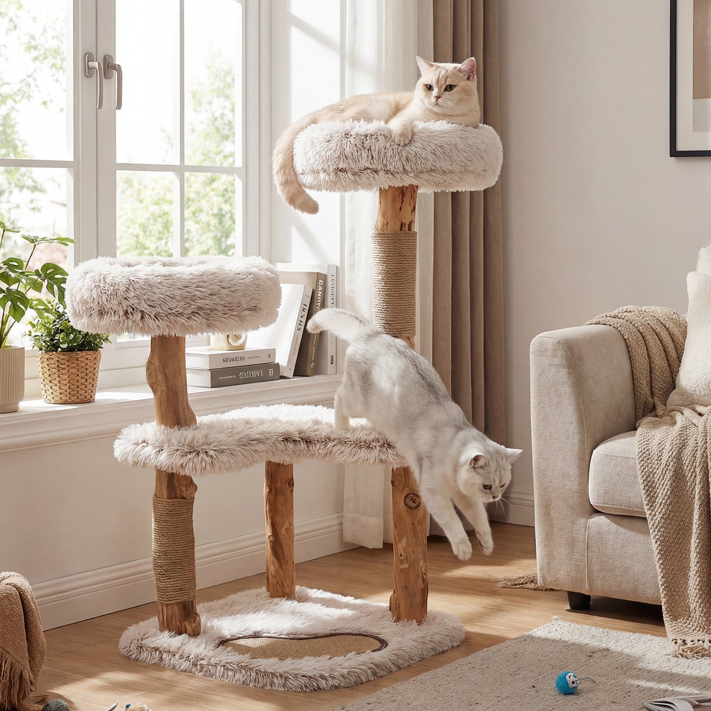 Modern Cat Tree Tower 40" with Luxury Real Wood Natural Branch, Natural & White Cat Trees Condos & Scratchers at Gallery Canada