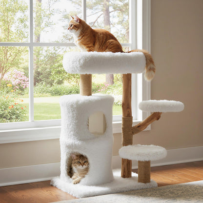 Modern Cat Tree for Indoor Cats 30.5 Cat Tower with Real Solid Wood Branches, White