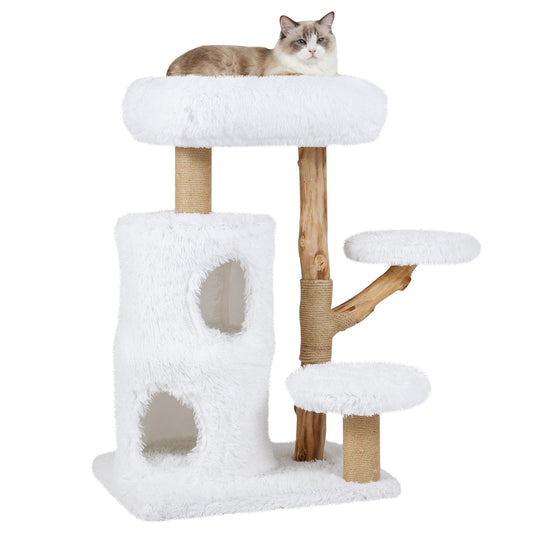 Modern Cat Tree for Indoor Cats 30.5 Cat Tower with Real Solid Wood Branches, White