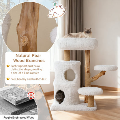 Modern Cat Tree for Indoor Cats 30.5 Cat Tower with Real Solid Wood Branches, White