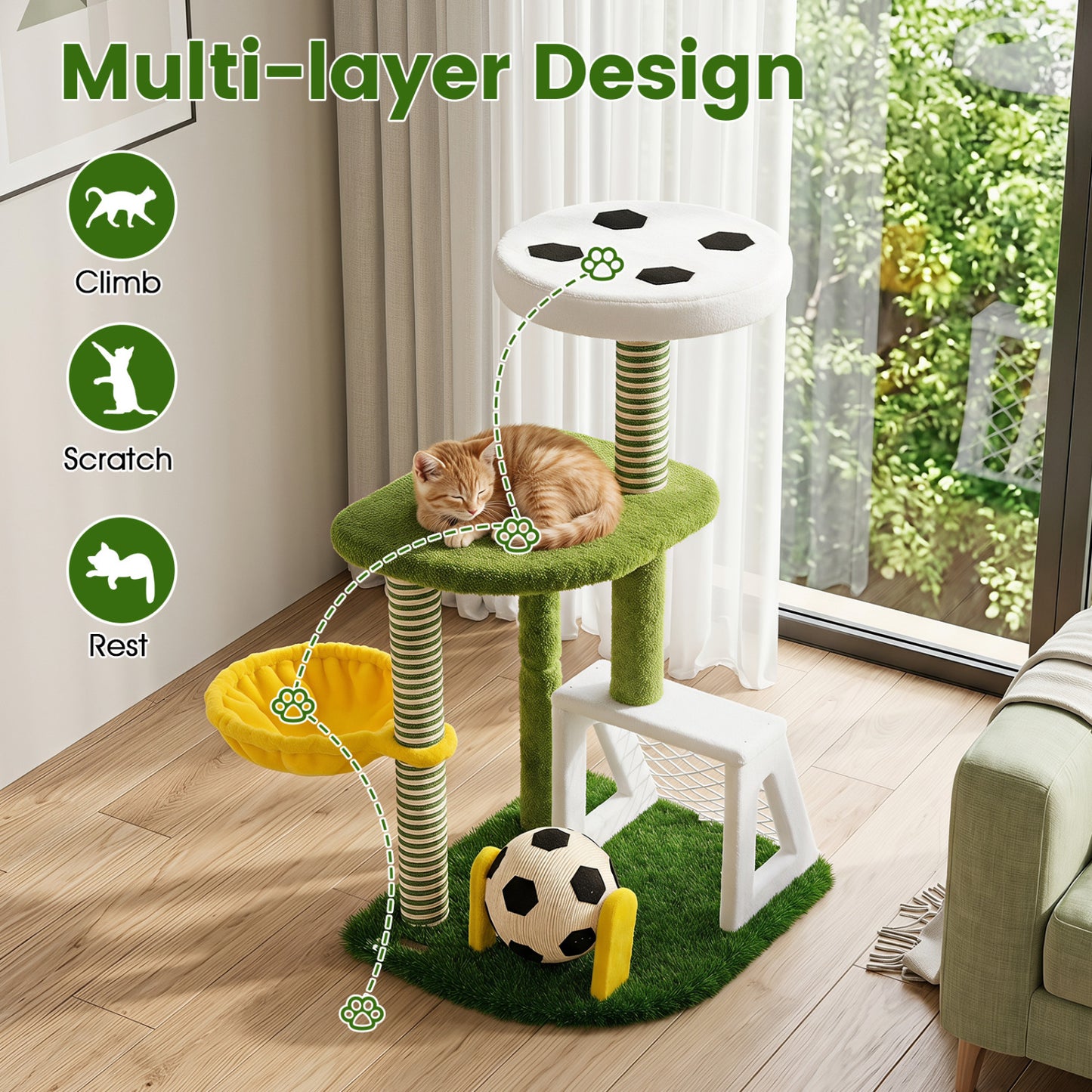 Tour à chat à plusieurs niveaux avec perchoirs, vert