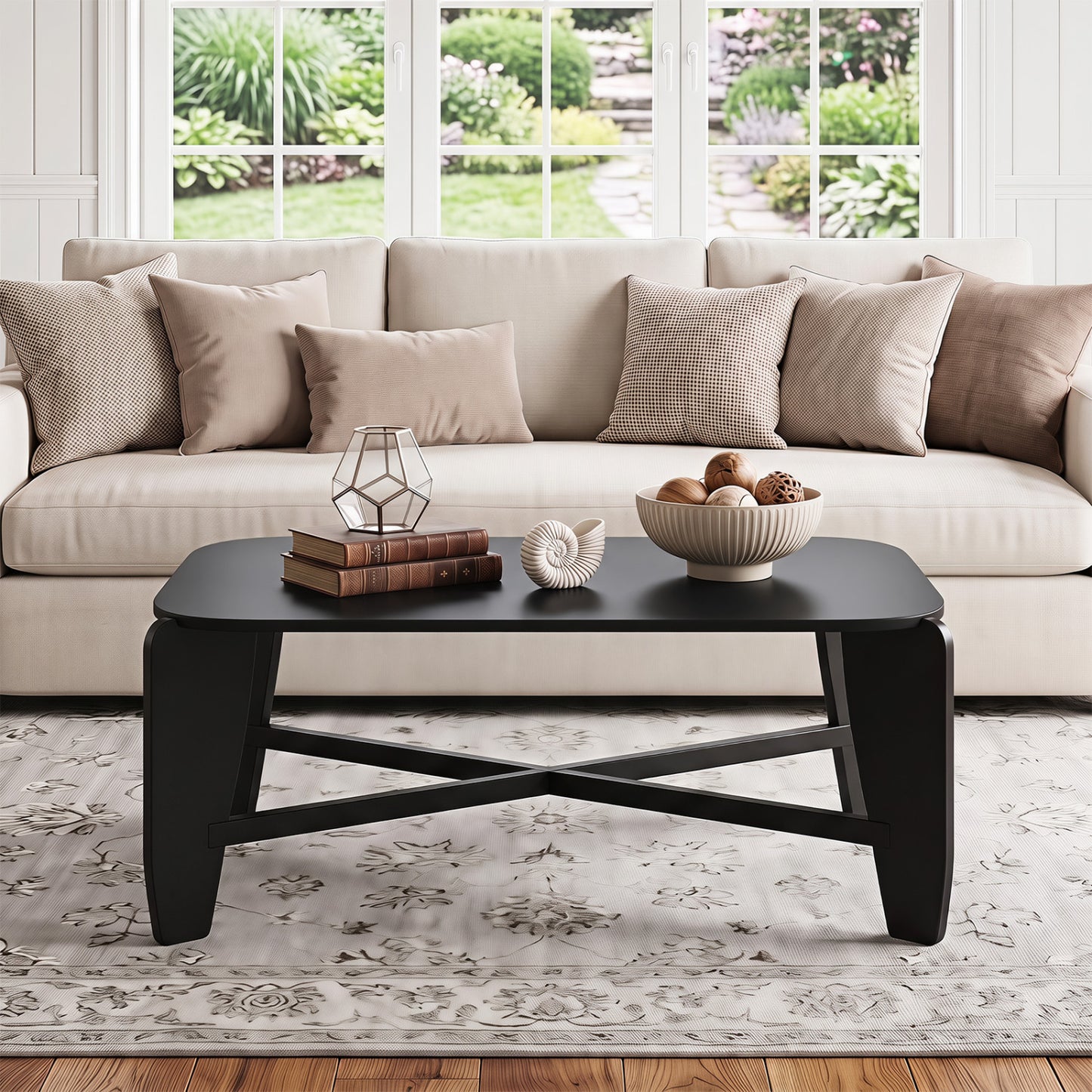 Table basse moderne, pieds croisés en bois d'hévéa, noir