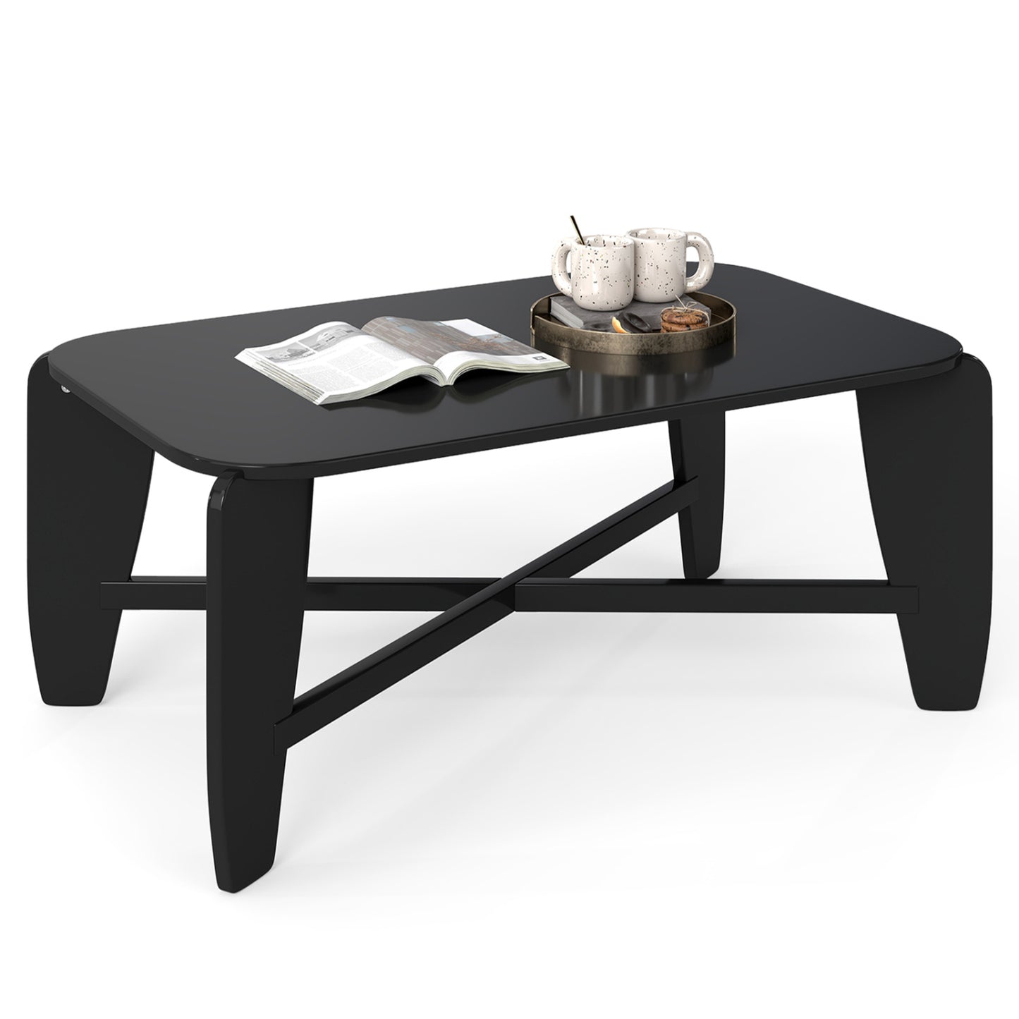 Table basse moderne, pieds croisés en bois d'hévéa, noir