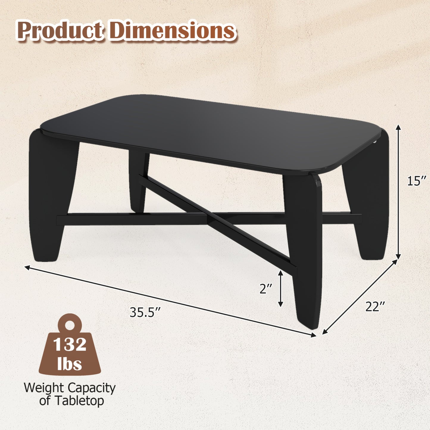 Table basse moderne, pieds croisés en bois d'hévéa, noir