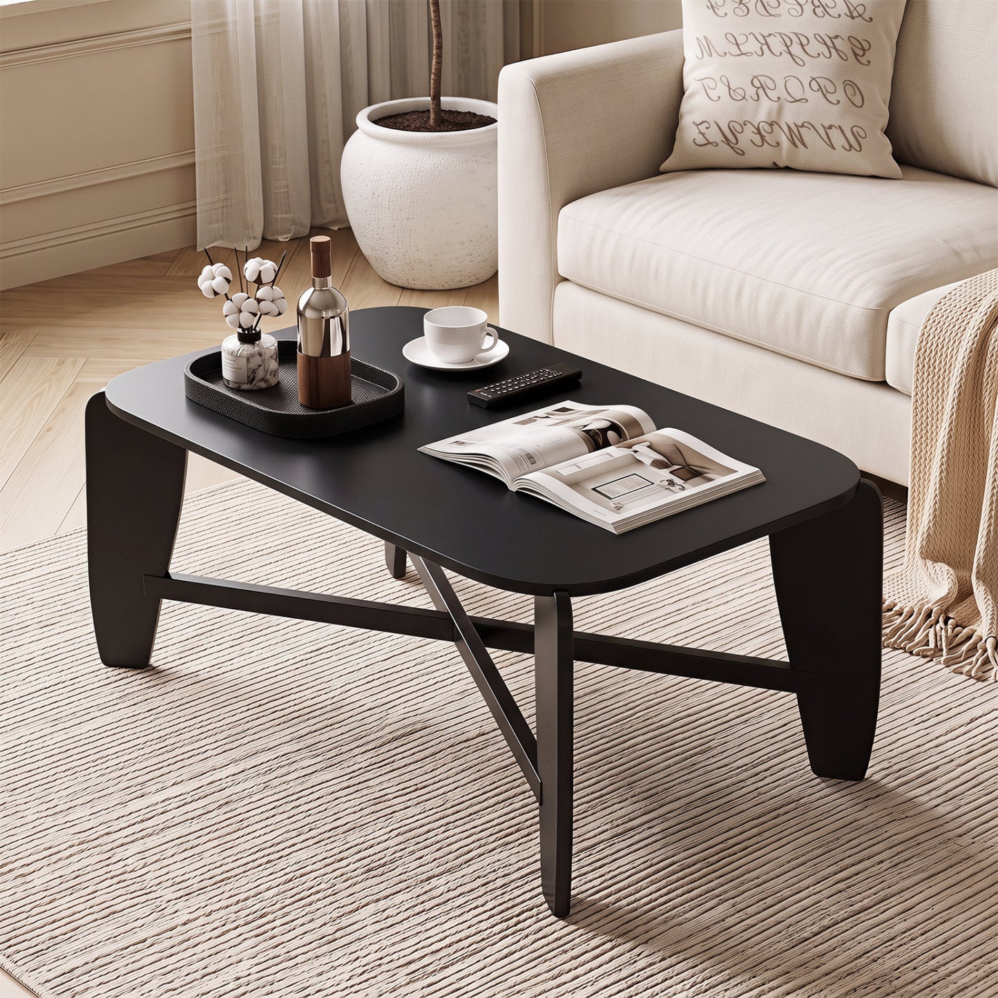 Table basse moderne, pieds croisés en bois d'hévéa, noir