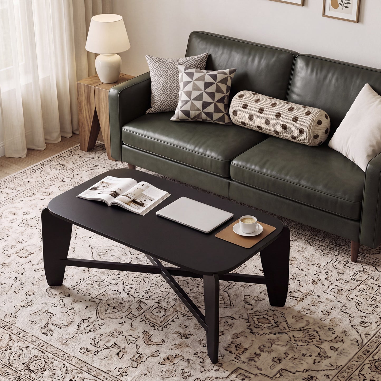Table basse moderne, pieds croisés en bois d'hévéa, noir