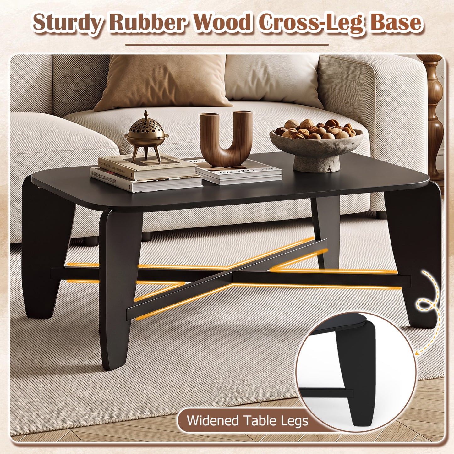 Table basse moderne, pieds croisés en bois d'hévéa, noir