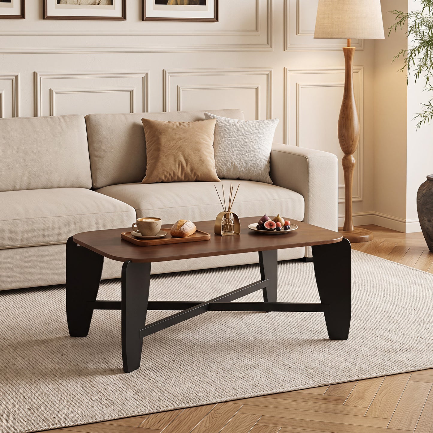 Table basse moderne, pieds croisés en bois d'hévéa, noyer