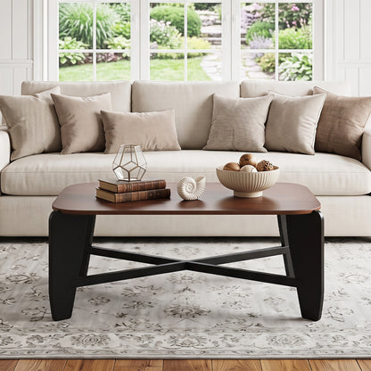 Table basse moderne, pieds croisés en bois d'hévéa, noyer
