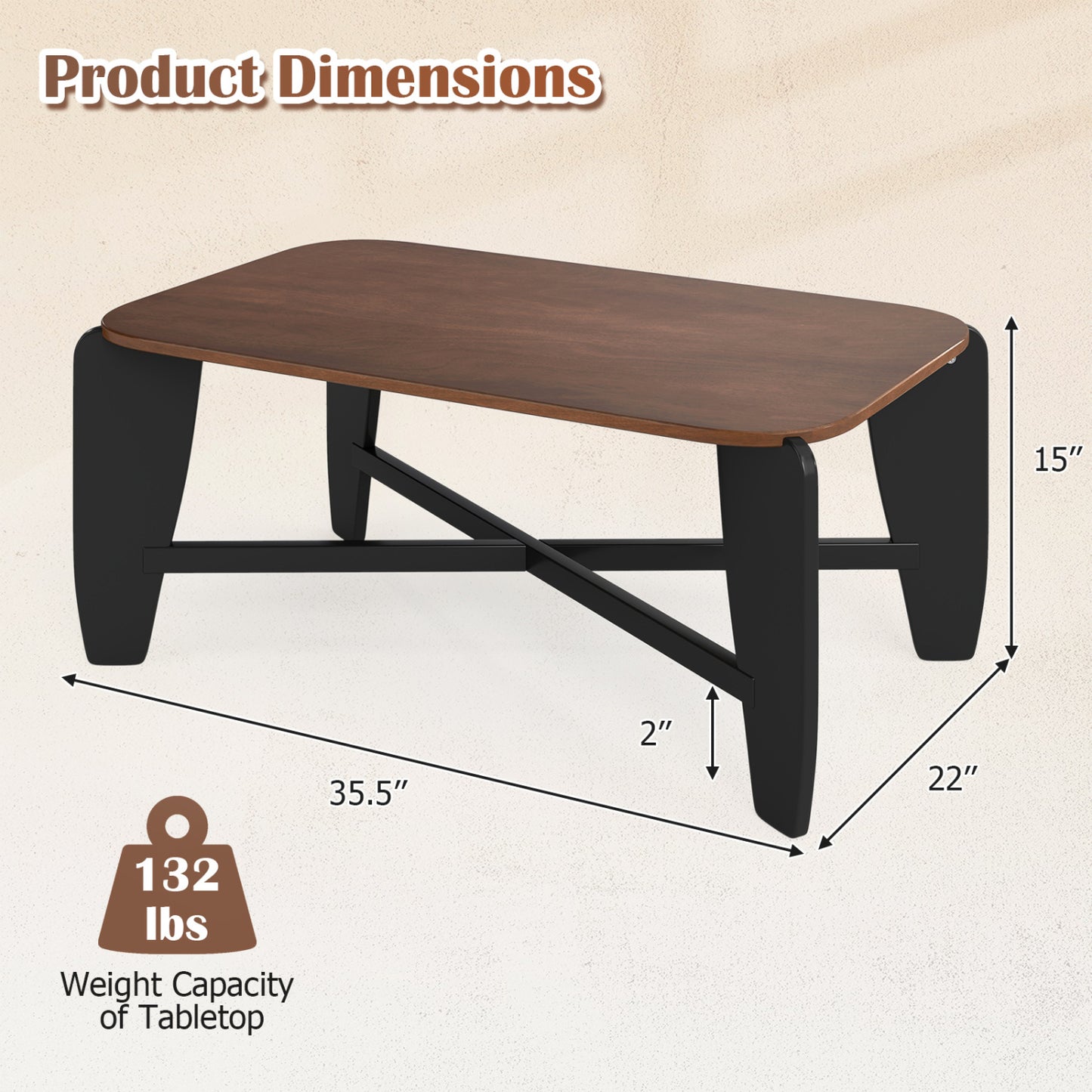 Table basse moderne, pieds croisés en bois d'hévéa, noyer