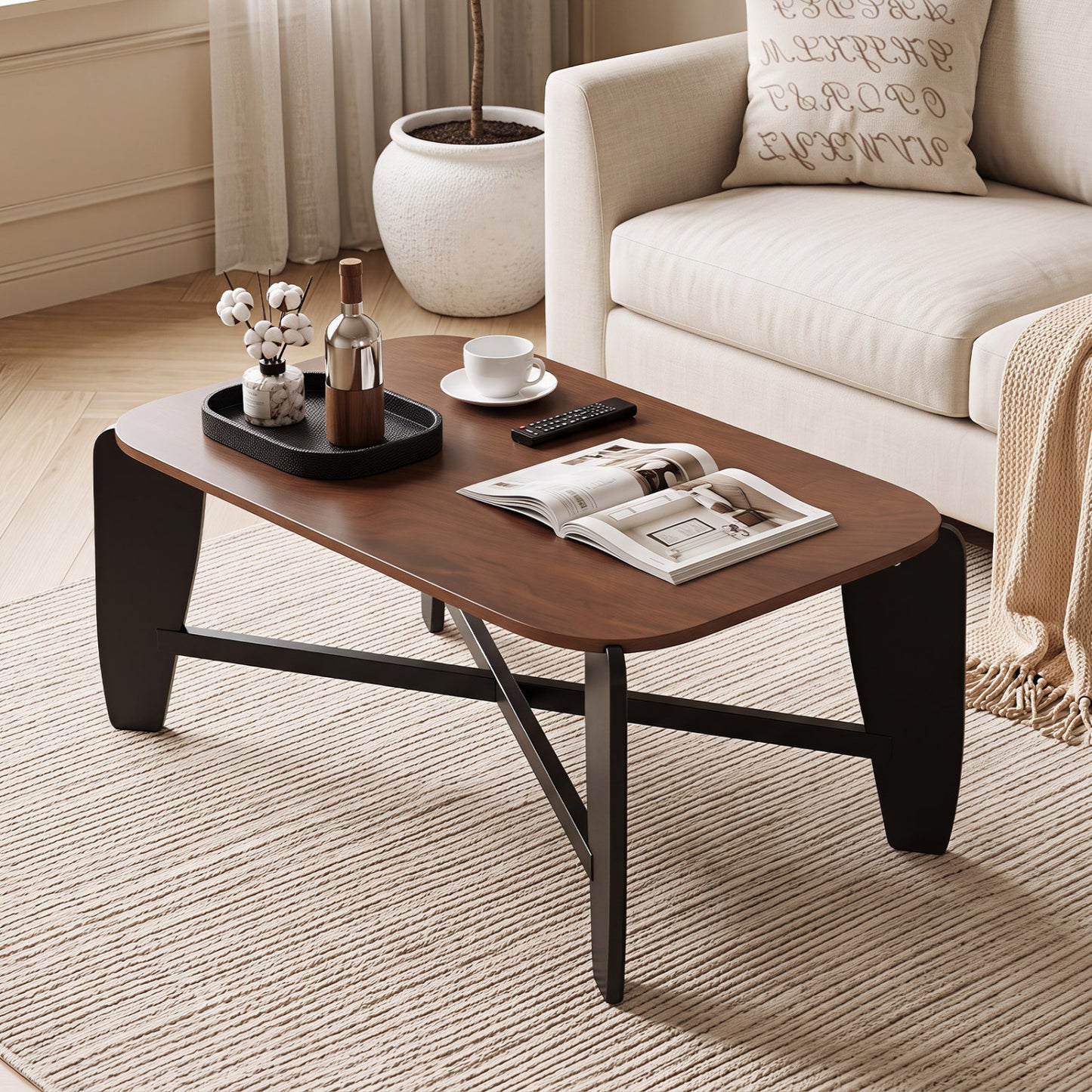 Table basse moderne, pieds croisés en bois d'hévéa, noyer