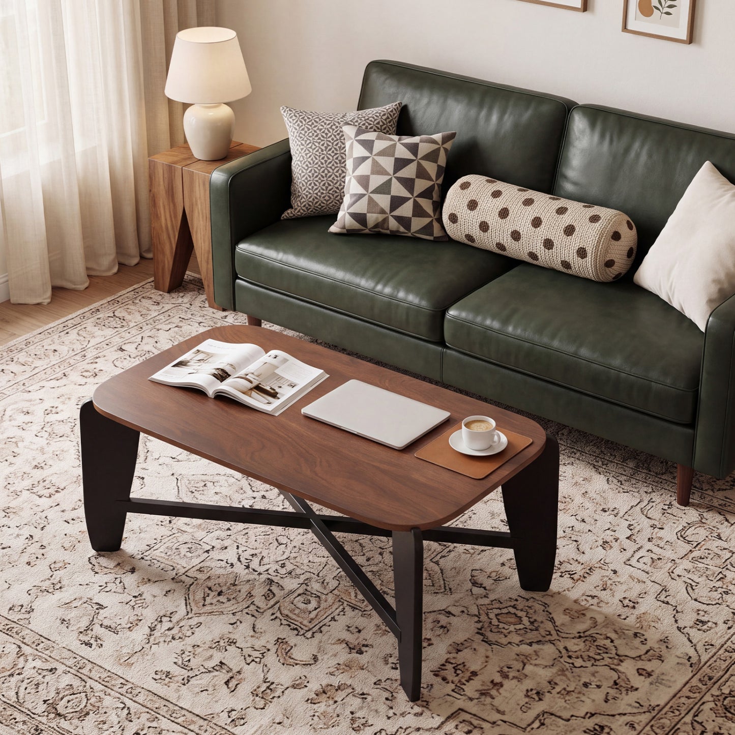 Table basse moderne, pieds croisés en bois d'hévéa, noyer