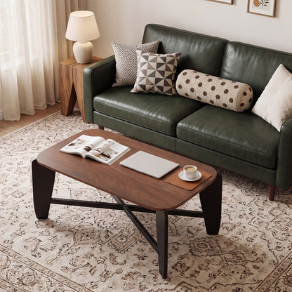 Table basse moderne, pieds croisés en bois d'hévéa, noyer