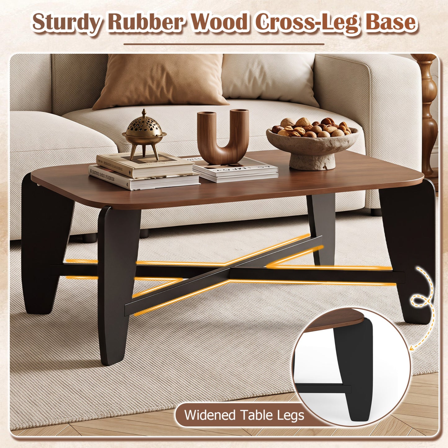 Table basse moderne, pieds croisés en bois d'hévéa, noyer