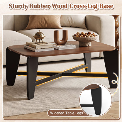 Table basse moderne, pieds croisés en bois d'hévéa, noyer