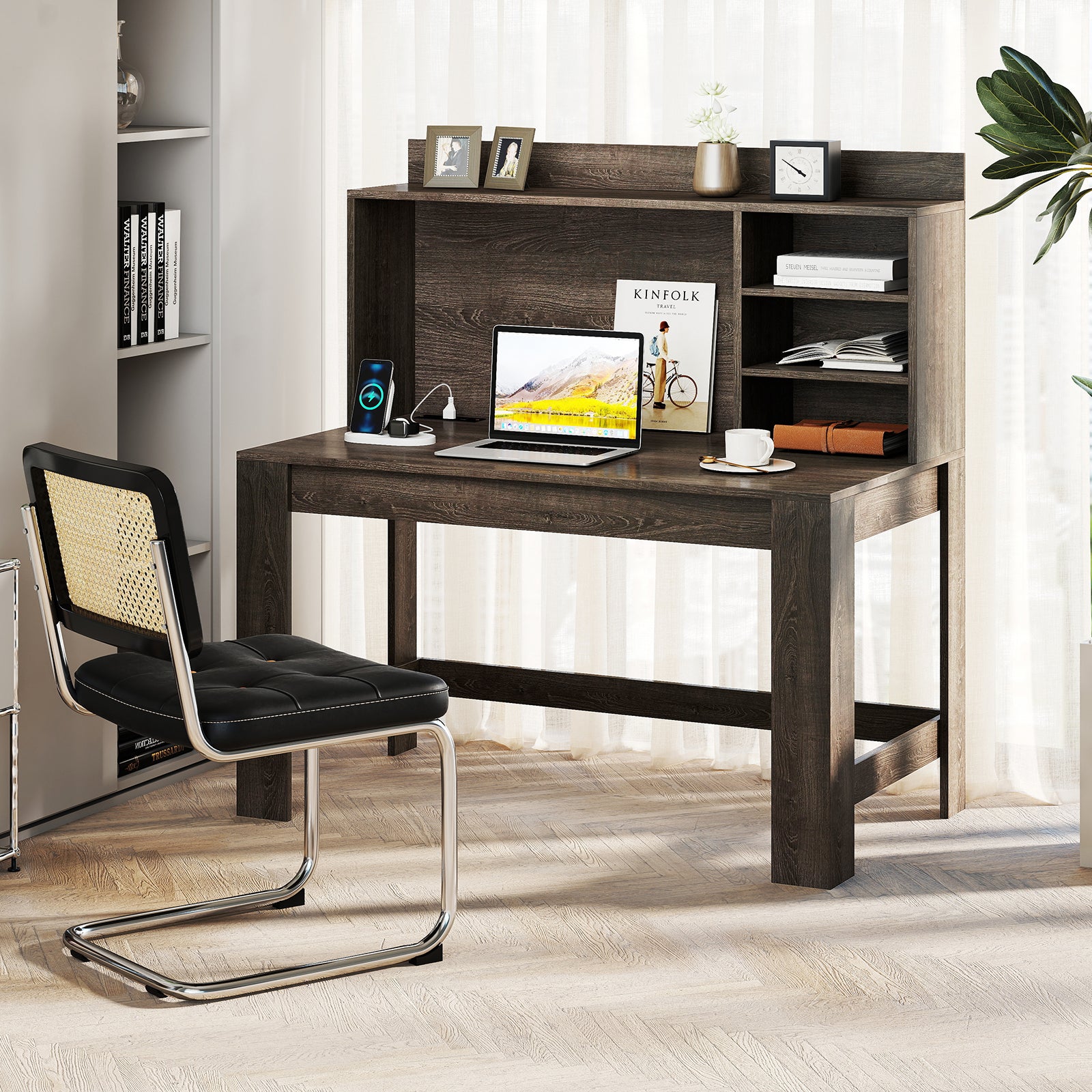 Modern Computer Desk with Hutch and Storage Shelves, Oak Computer Desks at Gallery Canada