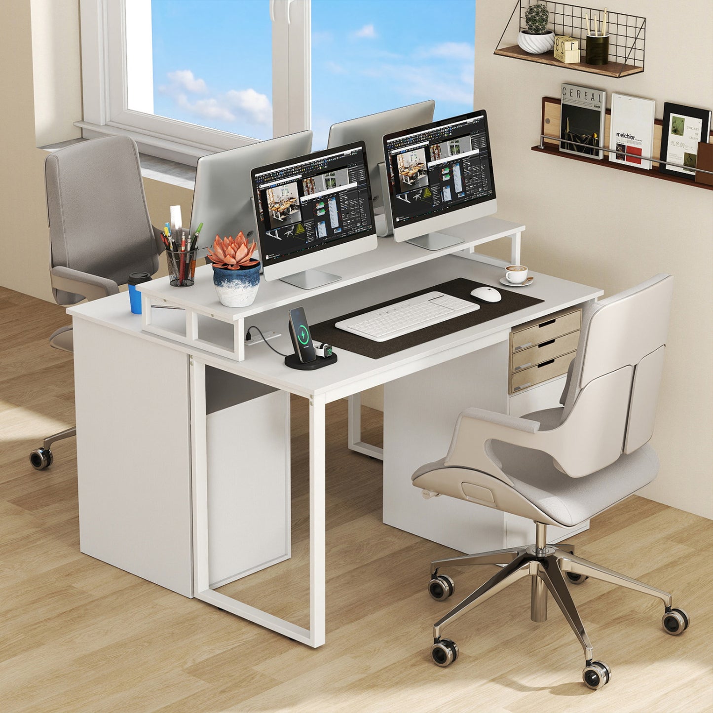 Modern Computer Desk With Power Outlets, File Drawer, White Computer Desks at Gallery Canada