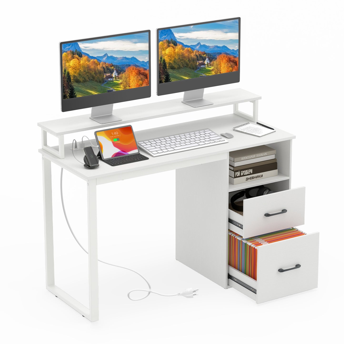 Modern Computer Desk With Power Outlets, File Drawer, White Computer Desks White at Gallery Canada