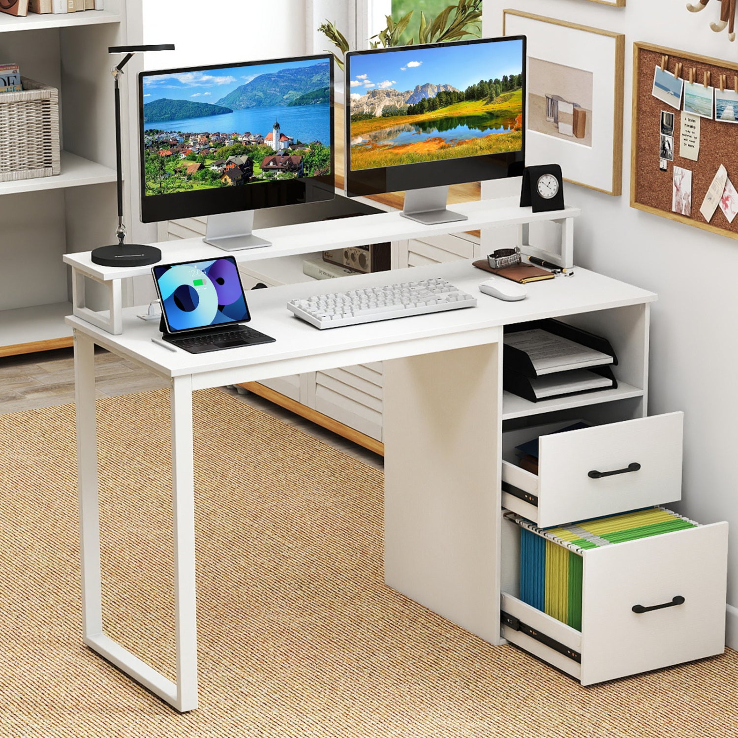 Modern Computer Desk With Power Outlets, File Drawer, White Computer Desks at Gallery Canada