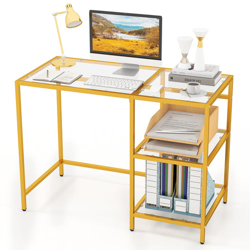 Modern Console Table, 2 Open Shelves, Metal Frame, Golden